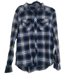 American Eagle Mens Blue Plaid Long‎ Sleeve Button Down Shirt Size L Slim Casual